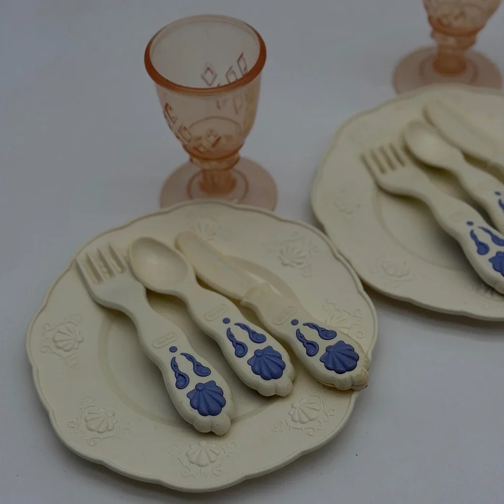 Vintage Little Tikes Toy Dish Set Plates Goblets Utensils Cream Blue Pink 17pc